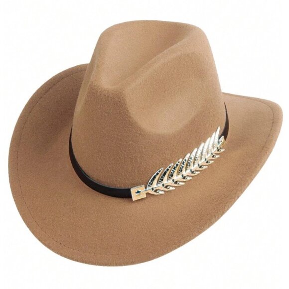 Beige Western‎ Cowboy Cowgirl Hat Felt Wide Brim Fedora with Gold Leaf Accent - Picture 5 of 6